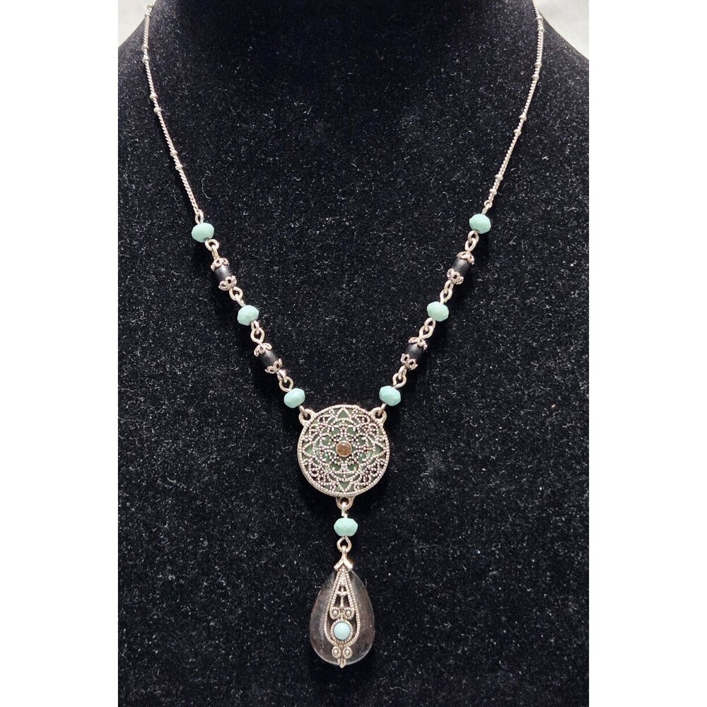Southwestern Style Necklace Vintage Faux Turquoise Signed NR Silvertone Chain